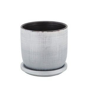 Sagebrook Home Textured Ceramic Indoor Outdoor Planter Pot with Saucer Silver 5"x5"x5": Rust-Resistant, Hand-Painted, No Tools Needed - 1 of 4