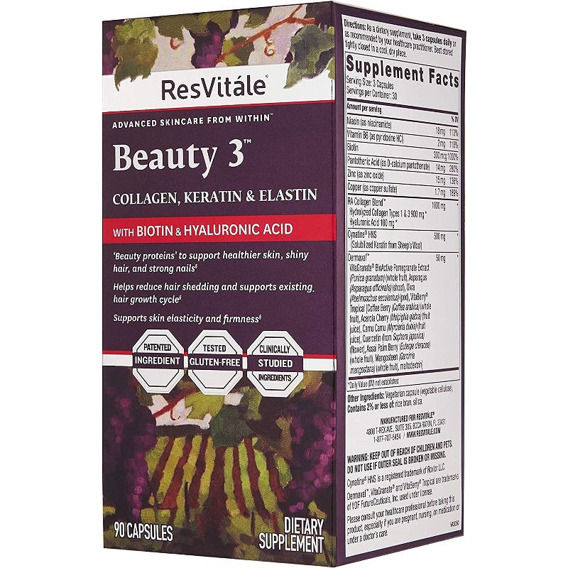 ResVitále Beauty 3 - Skin Care Supplement with Collagen, Keratin & Elastin - 90 Capsules, 2 of 3