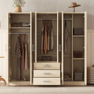 6-Doors Wooden Wardrobe Storage for Bedroom, with Big Drawers, Brown - 1 of 4