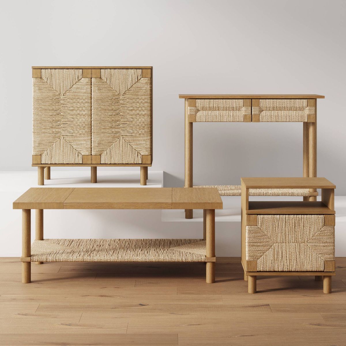 Seagrass coffee table and cabinet pieces shown together