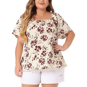 Agnes Orinda Women's Plus Size Floral Tassel Hem Square Round Casual Blouses - 1 of 4
