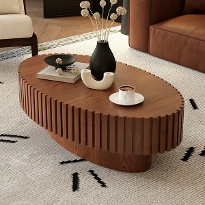 KIGFTSOD Oval Coffee Table Handcrafted Relief Sturdy Pedestal Wooden Olive-Shaped Tea Table for Living Room - 1 of 4