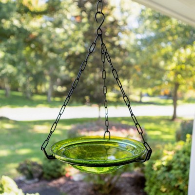 Fern Green Crackle Glass Hanging Birdbath with Wrought Iron Stand