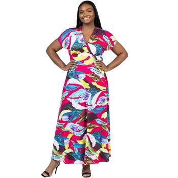 24seven Comfort Apparel Plus Size Floral Print V Neck Empire Waist Cap Sleeve Maxi Dress