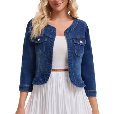 Женские куртки INSPIRE CHIC Women's Denim Collarless 2026 Causal 3/4 Sleeve Pockets Jean Jackets X-Large Blue