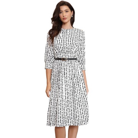 Женские платья INSPIRE CHIC Women's Pleated Puff 3/4 Sleeve Crew Neck Business Casual A-Line Midi Dresses Large White