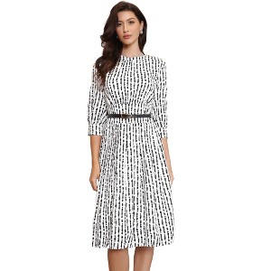 INSPIRE CHIC Women's Pleated Puff 3/4 Sleeve Crew Neck Business Casual A-Line Midi Dresses - 1 of 4