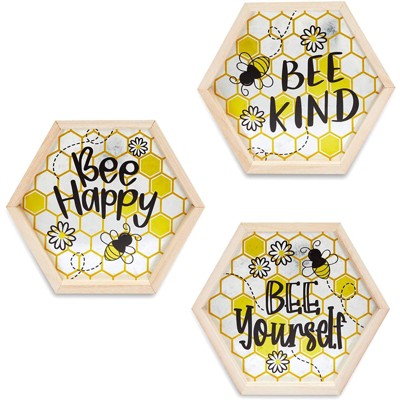 Farmlyn Creek 3 Pack Honey Bee Wall Decor, Bee Happy, Bee Kind, Bee Yourself (9.7 in)