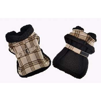 Fleece-Lined Dog Harness Coat - Brown & White Plaid