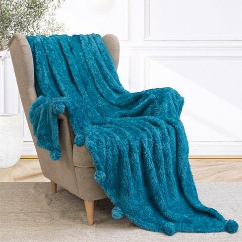 PAVILIA Fluffy Throw Blanket with Pompom Lightweight Soft Plush Cozy Warm Pom Pom Fringe for Couch Sofa Bed Turquoise Throw 50x60