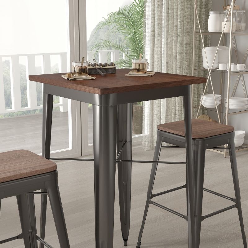 Merrick Lane 3 Piece Bar Table and Stools Set with 23.5" Square Black Metal Table with Wood Top and 2 Matching Bar Stools, 4 of 5
