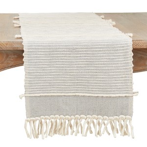 Saro Lifestyle Chunky Fringe Table Runner with Stripe Design, 16"x72", Blue - 1 of 3