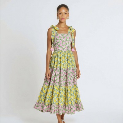 Knit & Lounge Women’s Floral Tiered Maxi Dress Tie Straps Square Neck Tassel Detail Lightweight Boho Dress
