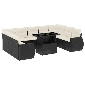 vidaXL 10 Piece Patio Sofa Set with Cushions Black Poly Rattan - Black and Cream without storage - 1 of 4