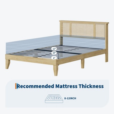 Bed Frame with Natural Rattan Headboard, Full Size, 4 Storage Drawers, Wooden Slats, Boho-Style Cane Support, Metal Base