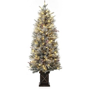 4.5 FT Pre-Lit Snow Flocked Christmas Tree with 200 Warm White LED Lights, 8 Modes, Red Berries, X-Shape Potted Base, Hinged Artificial Xmas Tree - 1 of 4