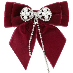 INSPIRE CHIC Women's Velvet Faux Pearl Rhinestone Bow Brooch Tie - 1 of 4