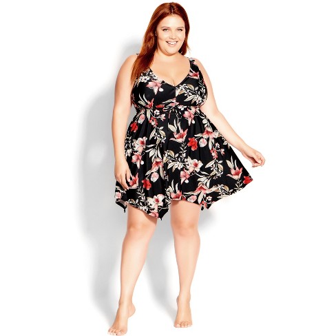 Lav en seng shampoo Cordelia Women's Plus Size Sharkbite Print Swim Dress - Black Floral | Evans : Target