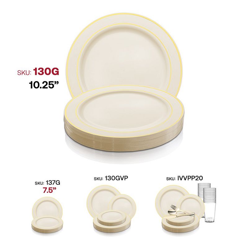 Smarty Had A Party 10.25" Ivory with Gold Edge Rim Plastic Dinner Plates (120 Plates), 5 of 7