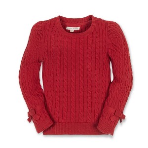 Hope & Henry Girls' Organic Long Puff Sleeve Sweater with Bow Detail, Red Cable, 6-12 Months - 1 of 4