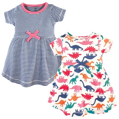 Image of Touched by Nature Baby and Toddler Girl Organic Cotton Short-Sleeve Dresses 2pk, Dinosaurs, 6-9 Months