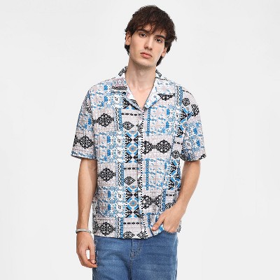 Campus Sutra Men Men's Sky Blue & Cloud Grey Bohemian Impressions Oversized Shirt