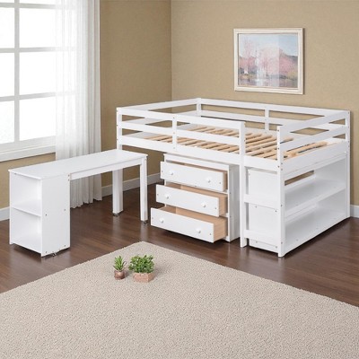 Full Size Loft Bed with Rolling Desk, Drawers, Bookshelf and Storage Shelves, Pine Wood Frame, No Box Spring Needed, White