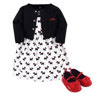 Hudson Baby Infant Girl Cotton Dress, Cardigan and Shoe 3pc Set, Scottie Dog, 3-6 Months - 1 of 4