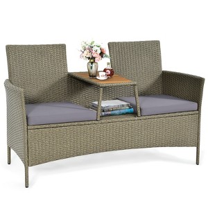 Tangkula Outdoor Patio Rattan Loveseat Sofa Double Conversation Set w/Cushion & Built-in Table - 1 of 4
