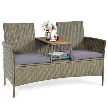 Tangkula Outdoor Patio Rattan Loveseat Sofa Double Conversation Set w/Cushion & Built-in Table