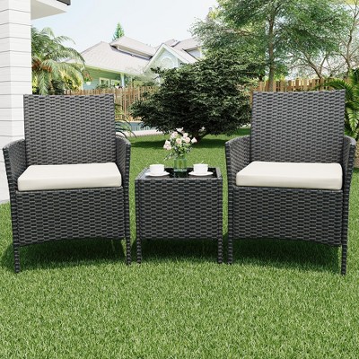 3-Piece Patio Furniture Set, With Cushions & Glass Table, All-Weather Rattan Chairs for Garden, Porch, Poolside