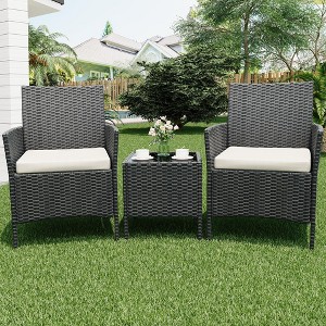 3-Piece Patio Furniture Set, With Cushions & Glass Table, All-Weather Rattan Chairs for Garden, Porch, Poolside - 1 of 4