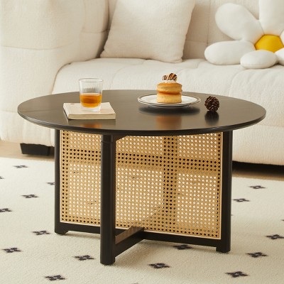 31.5" Round Solid Wood Coffee Table with PE Cane Base,Mid-Century Bohemian Accent Table for Living Room-Baofuwish