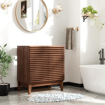 Mid-Century Freestanding Bathroom Cabinet Vanity with Storage, Particleboard Frame with Wood Grain Laminate, Walnut (Sink Basin Not Included)