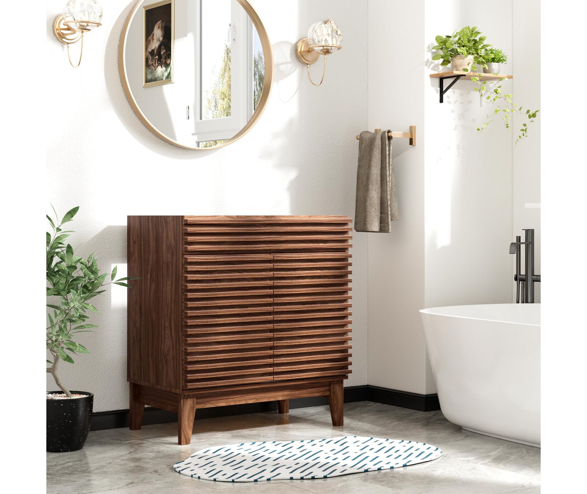 30" Mid-Century Freestanding Bathroom Cabinet Vanity with Storage, Particleboard Frame with Wood Grain Laminate, Walnut (Sink Basin Not Included)