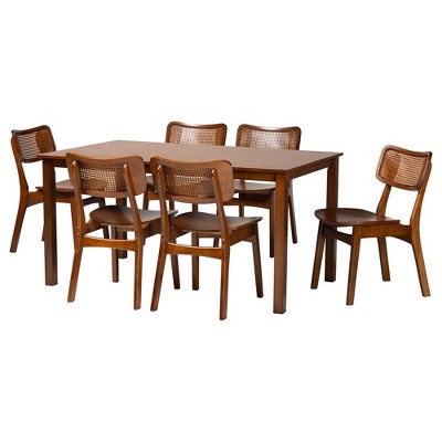 Mid-Century Walnut Brown Wood and Rattan 7-Piece Dining Set