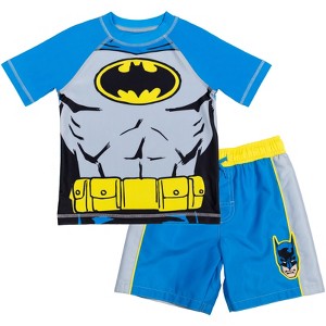 DC Comics Justice League Batman Toddler Boys Rash Guard and Swim Trunks Outfit Set - 1 of 4