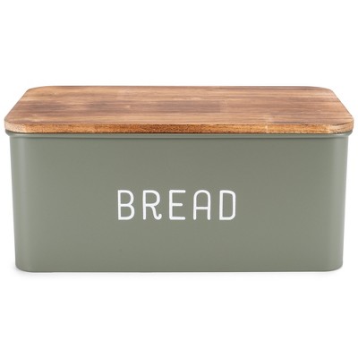 Nat & Jules Matte Green 12 x 7 Metal Enamel Rubber Wood Lidded Bread Box