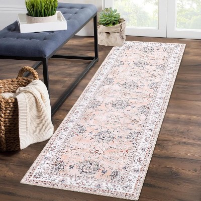 Vintage Floral Washable Runner Rug, Low Pile with Non-Slip Rubber Backing, Ideal for Kitchen, Hallways, Entryway, Living Room, and Bedroom Use.