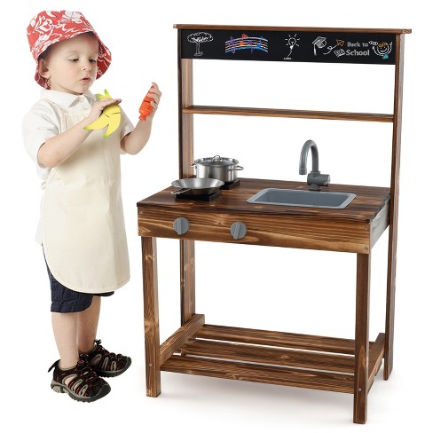 Costway Kids Mud Kitchen Play Kitchen With Blackboard Stoves Removable Sink Natural Target