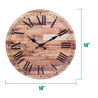 14-Inch Rustic Brown Wooden Roman Numeral Wall Clock