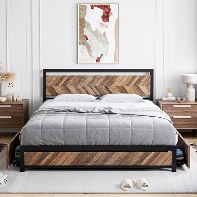 coucheta Bed Frame with 4 Storage Drawers, Platform Bed Frame with Rustic Vintage Wood Headboard, No Box Spring Needed, Noise Free, Easy Assemble