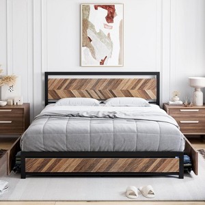 coucheta Bed Frame with 4 Storage Drawers, Platform Bed Frame with Rustic Vintage Wood Headboard, No Box Spring Needed, Noise Free, Easy Assemble - 1 of 4