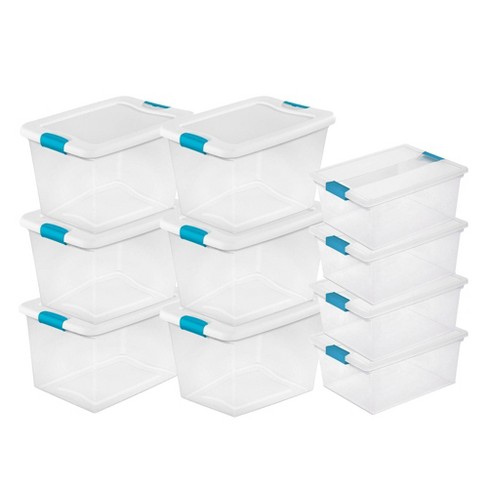 Sterilite 15 Qt Latching Storage Box, Stackable Bin With Latch Lid, Plastic  Container To Organize Clothes In Closet, Clear With Blue Lid, 24-pack :  Target