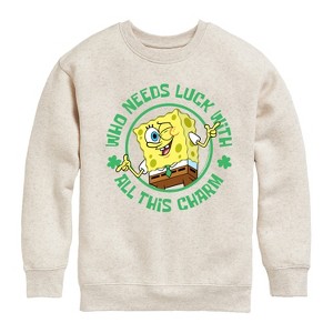Boys' - SpongeBob Squarepants - Who Needs Luck With This Charm Graphic Long Sleeve Fleece Sweatshirt - 1 of 4