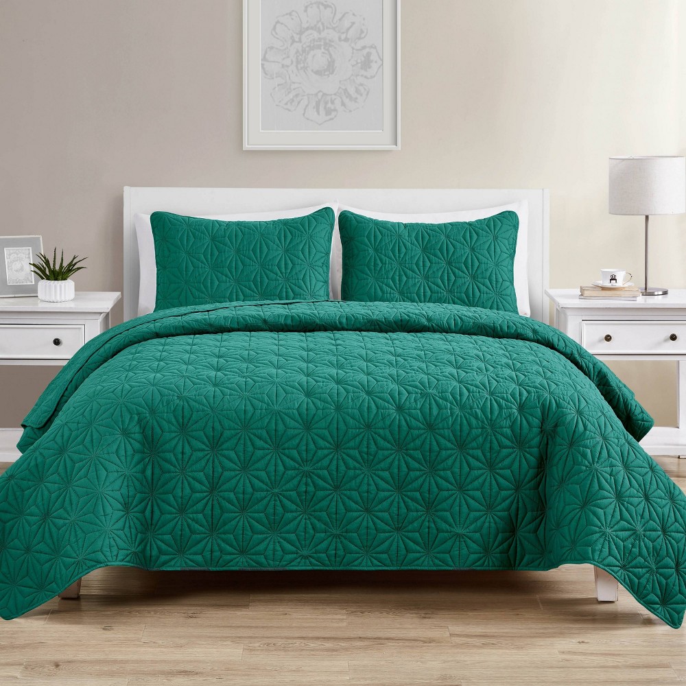Photos - Bed Linen King 3pc Kaleidoscope Embossed Geometric Quilt Set Green - VCNY: Hypoallergenic Microfiber Bedding, Contemporary Design