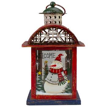 Northlight Red, White and Gray Snowman "WELCOME" Christmas Lantern 9.75"