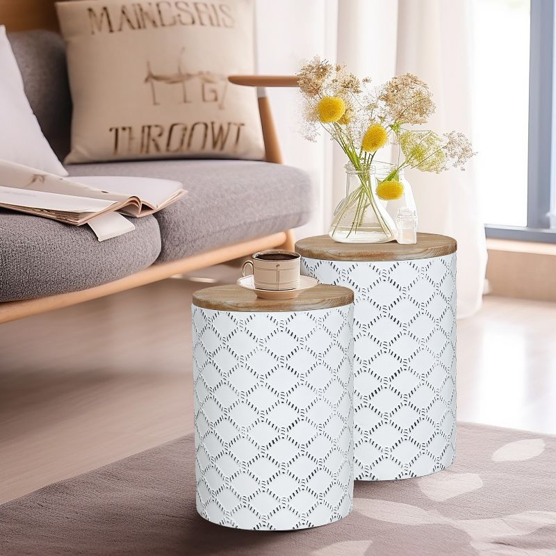 LuxenHome Set of 2 White Round Metal Side and End Tables with Enclosed Storage, 3 of 5