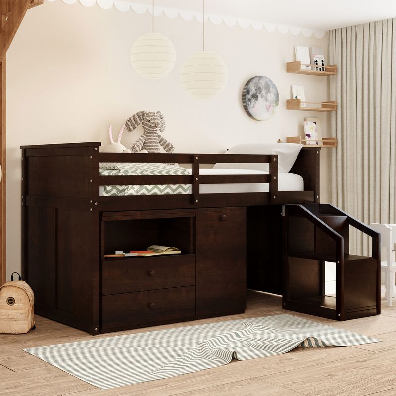 Twin Size Low Loft Bed With Storage Steps and Portable Desk-ModernLuxe, 1 of 14