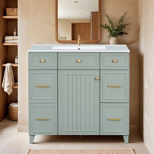36" Bathroom Vanity with Ceramic Sink, Solid Wood Frame, Soft Close Doors, Adjustable Shelves, 3 Drawers - Leovsnove - 1 of 4